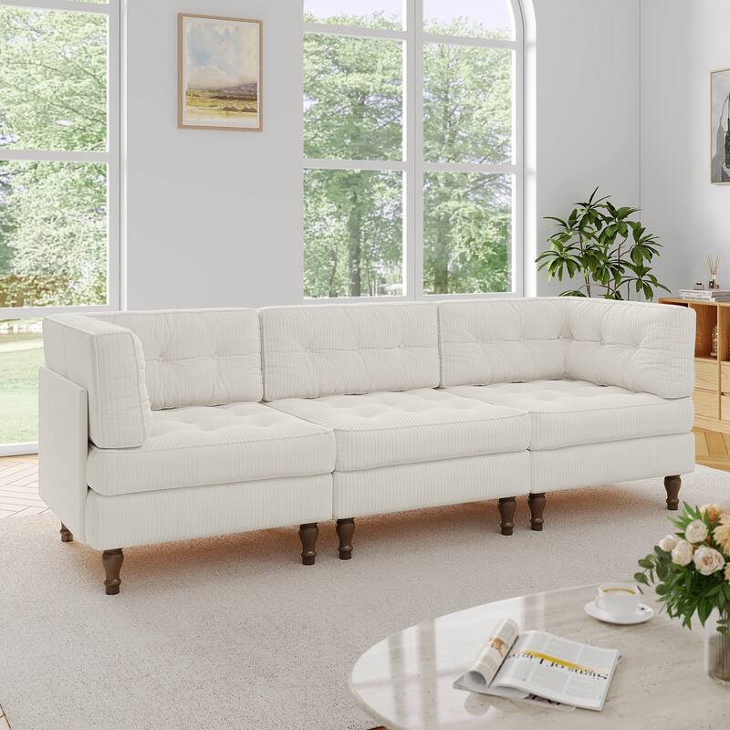 98"W Modular Upholstered Corduroy Sectional Sofa for Living Room - Beige