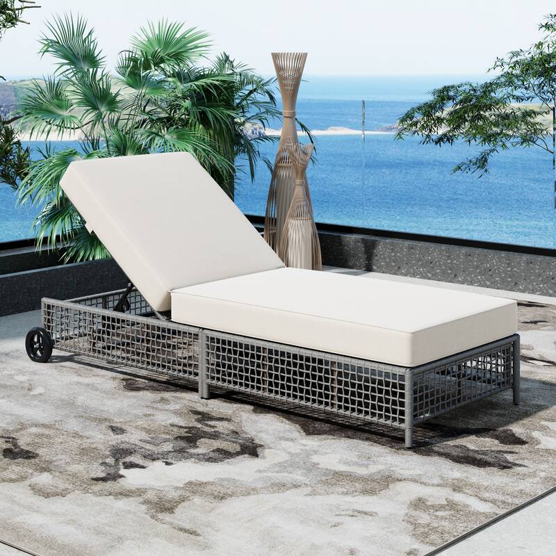 Outdoor PE Rattan Chaise Lounge with 5-Position Backrest & Wheels, Patio Recliner Chair Sun Lounger for Poolside Backyard Garden