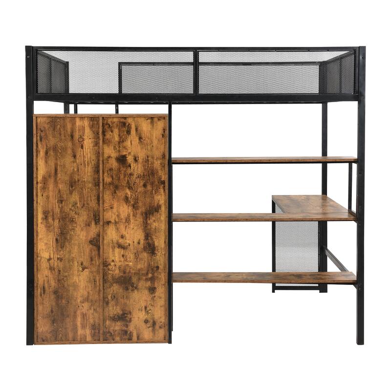 Full Size Metal Loft Bed With Built-In Desk, Wardrobeand Shelves