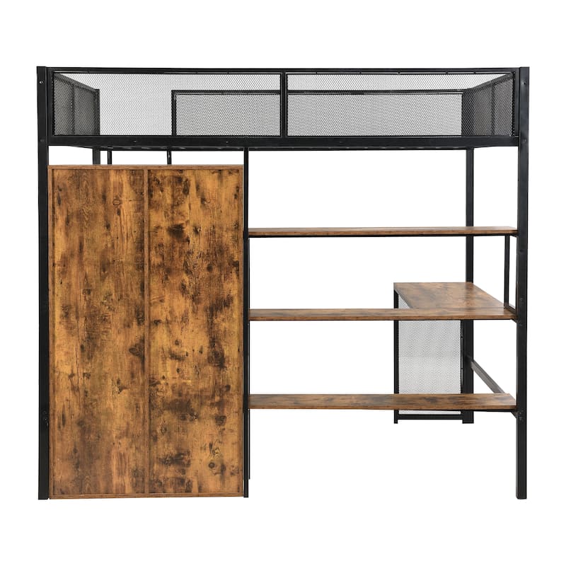 Full Size Metal Loft Bed with L-Shaped Built-in Desk, Storage Wardrobe and Shelves, Loft Bed Frame with Ladder, Guardrail