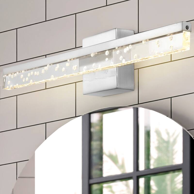 Baxter 22" 1-Light Modern Contemporary 360-Degree Rotatable Iron/Seeded Acrylic Integrated LED Vanity Light, by JONATHAN Y - 22" - Chrome/Clear