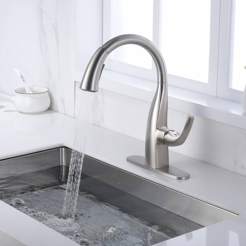 WOWOW Single Handle Gooseneck Kitchen Sink Faucet with Deckplate