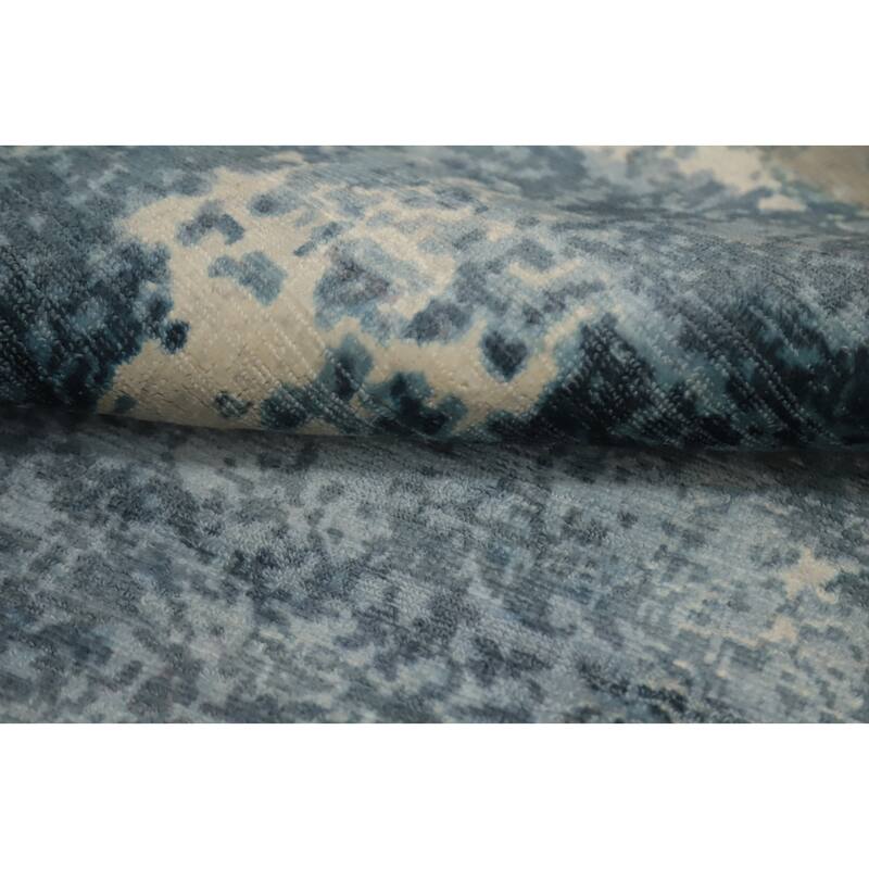 Hand Knotted Oriental Viscose Silk Carpet Modern All-Over Navy Blue & Blues Abstract Area Rug - 7' 11'' X 4' 11''