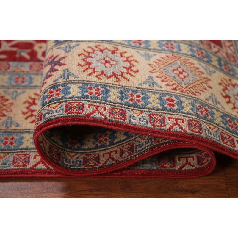 Red Geometric Kazak Area Rug Handmade Oriental Wool Carpet - 6'0" x 8'10"