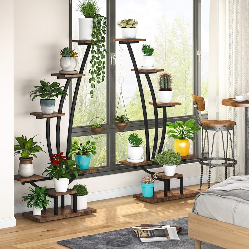 6 Tier Plant Stand Pack of 2, Multipurpose Flower Potted Plant Display Shelf Rack with 2 Hooks for Living Room Garden Balcony