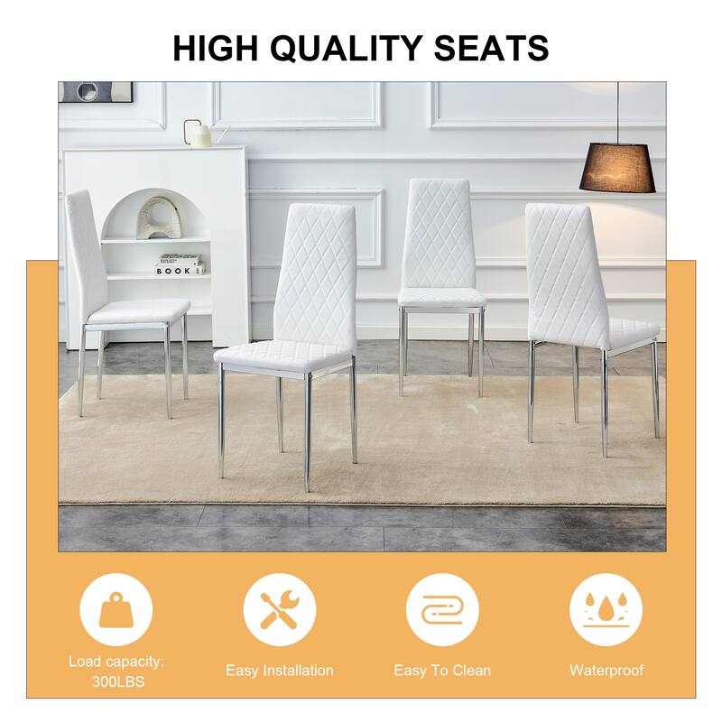 Leather Dining Table Chair Set of 6, High Back Dining Chair, Grid Armless Lounge Chair, Office Chair with C-Shaped Metal Legs