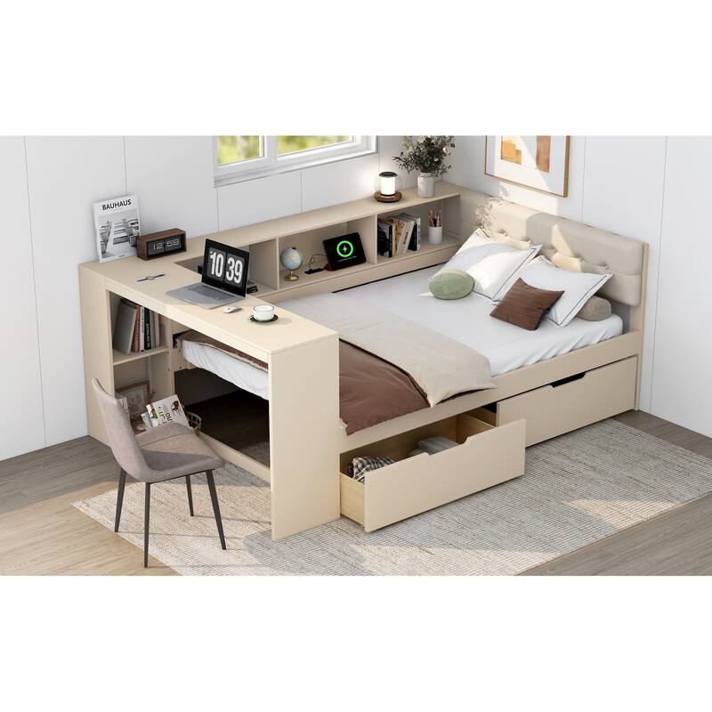 Wood Full Size Platform Bed with Upholstered Headboard, Storage Shelves & Charging Station for Small Space, Apartment