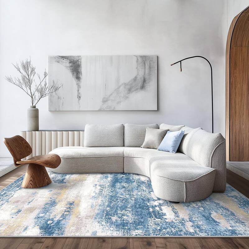 Mcow Modern Abstract Blue & Cream Low-Pile Area Rug