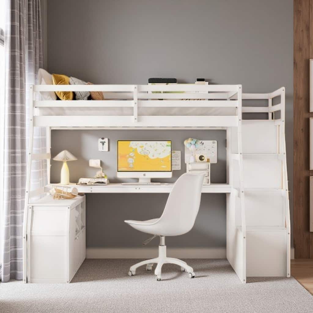 Wood Loft with Built-in Desk, 7 Drawers & 2 Shelves - Full Size for Kids