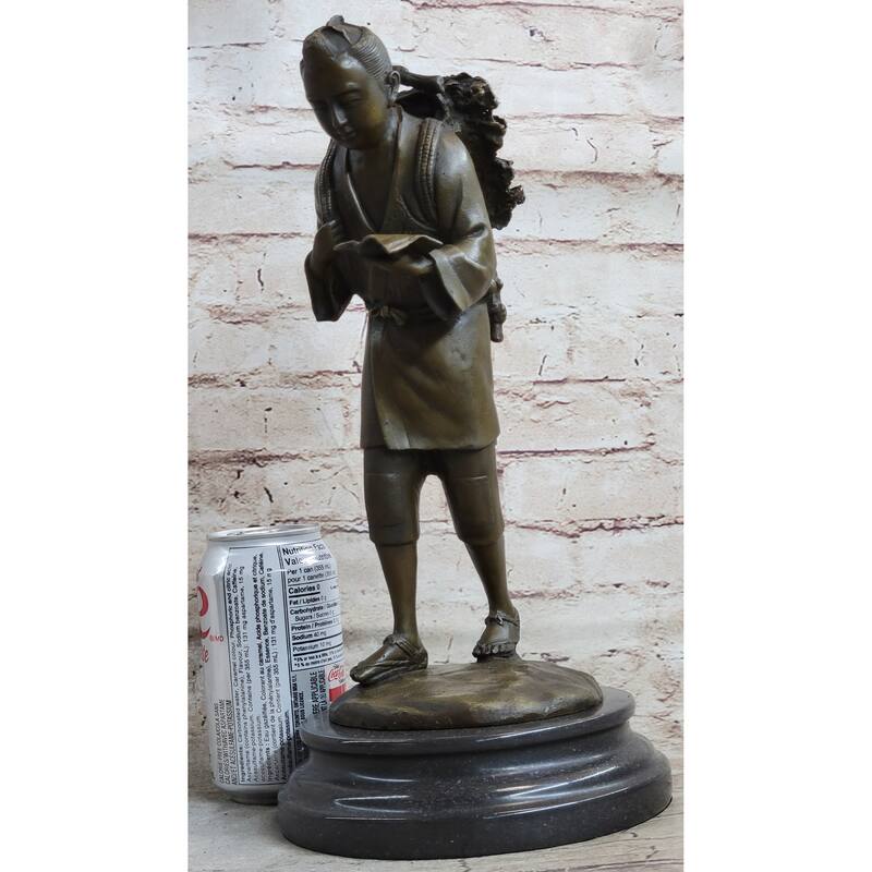 Japanese Scholar Bronze Statue With Backpack - Vintage Style Figurine Of Young Boy Reading