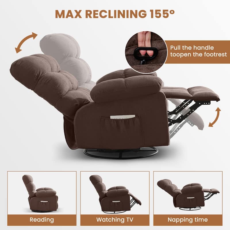 Swivel Rocker Recliner Chair 360° Manual with Side Pockets for Adults