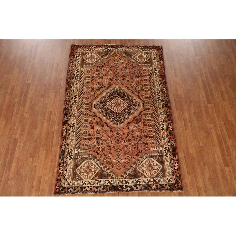 Hand Knotted Oriental 100% Wool Carpet Traditional Tribal Peach Shiraz Area Rug - 8' 7'' X 5' 6''