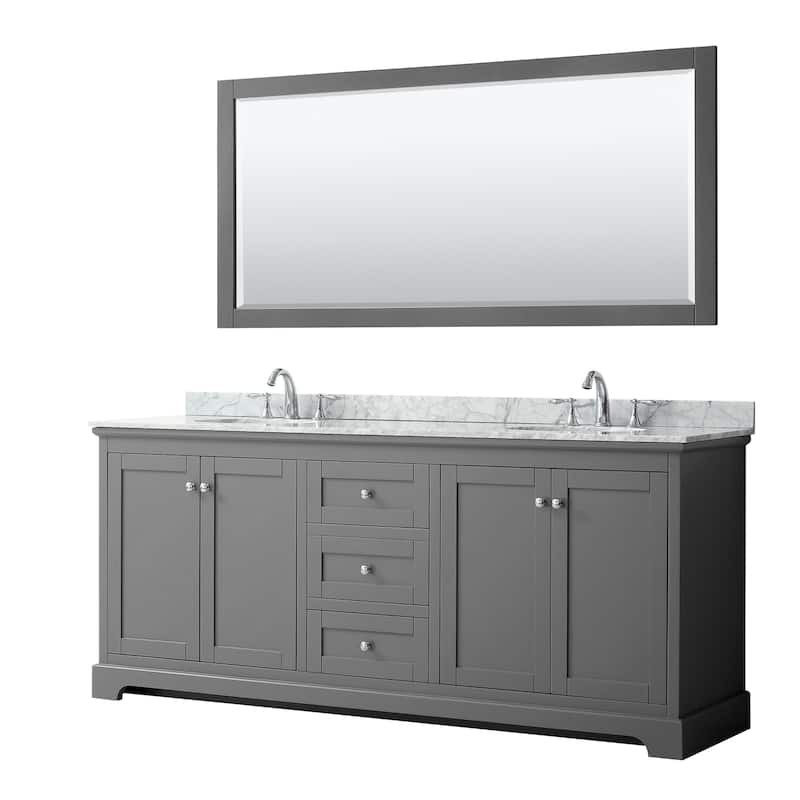 Avery 80-inch Double Vanity, Marble Top, Oval Sinks, 70-inch Mirror - Dark Gray, Chrome Trim, White Carrara Marble Top