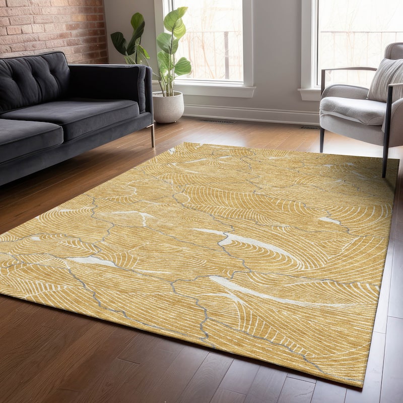 Machine Washable Indoor/ Outdoor Abstract Crackle Chantille Rug - Gold - 5' x 7'6"