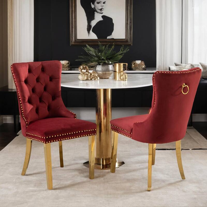 High-end Tufted Solid Wood Velvet Upholstered Dining Chair with Golden Stainless Steel Plating Legs,Nailhead Trim,Set of 2 - Burgundy