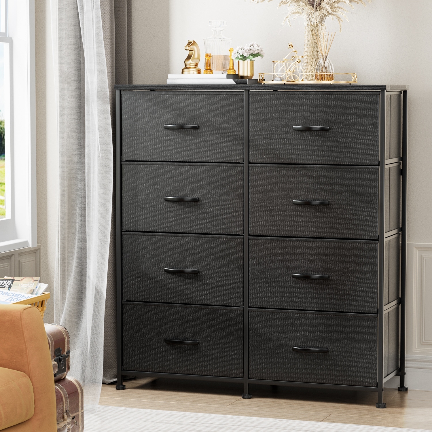 Furniwell 5 Drawer Fabric Dresser Wide Chest Of Drawers Black