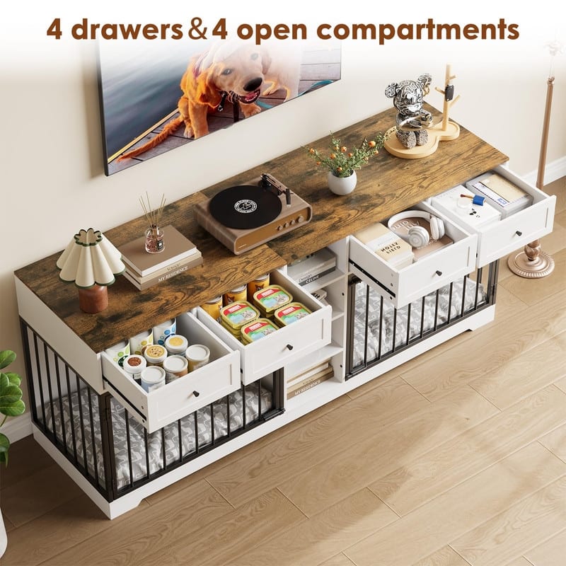 Wooden Dog Cage Crate Furniture TV Stand Large Dog Kennel with 4 Drawers and Shelves for 2 dogs