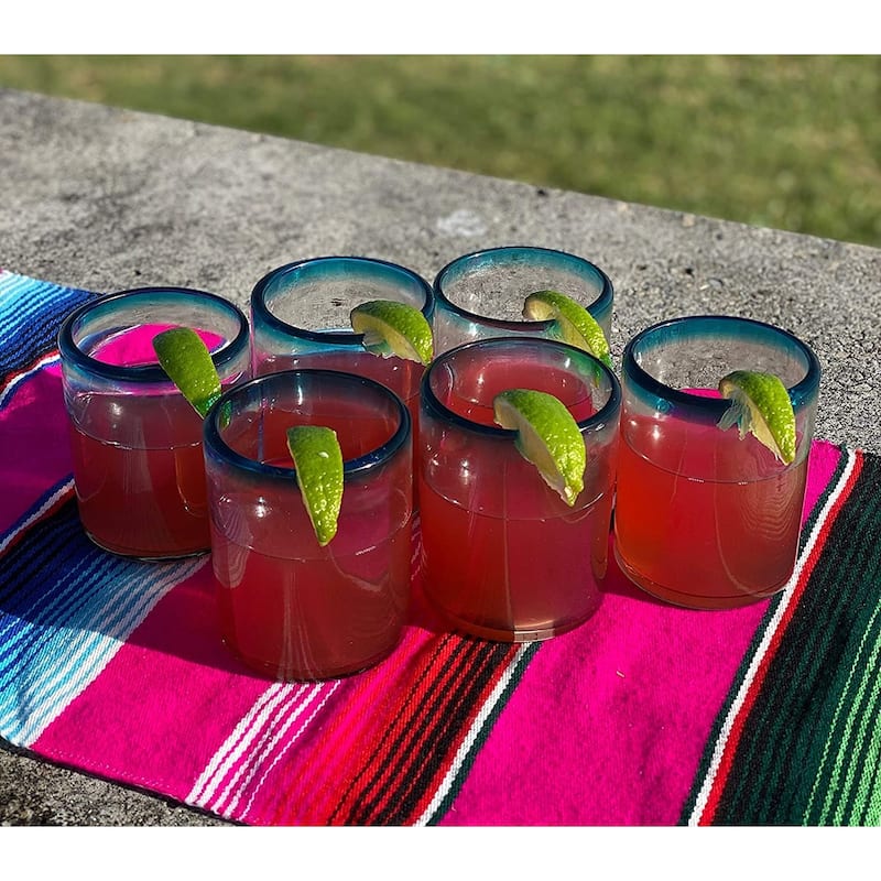 Dos Sueños Hand Blown Mexican Drinking Glasses - Set of 6 Tumbler Glasses with Aqua Blue Rims (10 oz each)