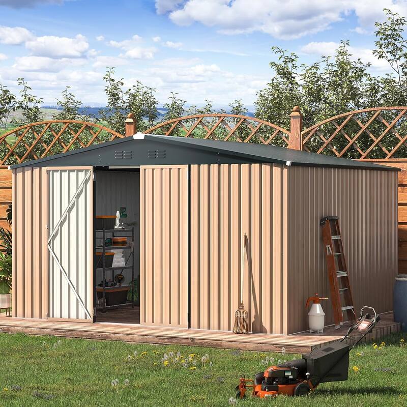 AECOJOY Outdoor Extra Large Storage Metal Shed with Lockable Doors - 12' x 10' - Taupe