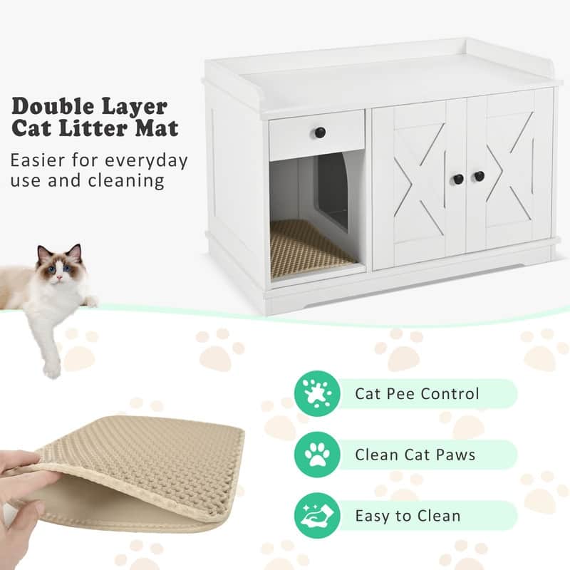 Cat Litter Box Enclosure with Hidden Storage Drawer and Integrated Litter Mat for Indoor Use