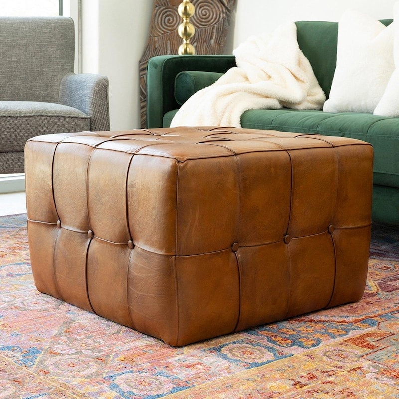 GDF Studio - Benjiro Modern Square 18" Genuine Leather Tufted Ottoman Coffee Table Bench - Brown