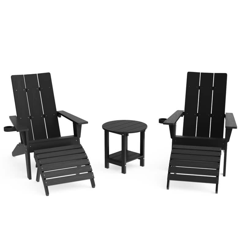 Winsoon 5-Piece All Weather HIPS Outdoor Adirondack Chair Set with Cup Holder, 2 Ottomans and 1 Side Table - Black
