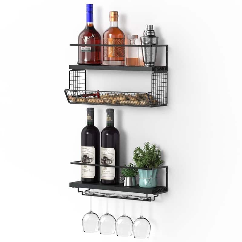Wall Mounted Wine Rack Set of 2 - 16.5"D x 6"W x 9.7"H - Black