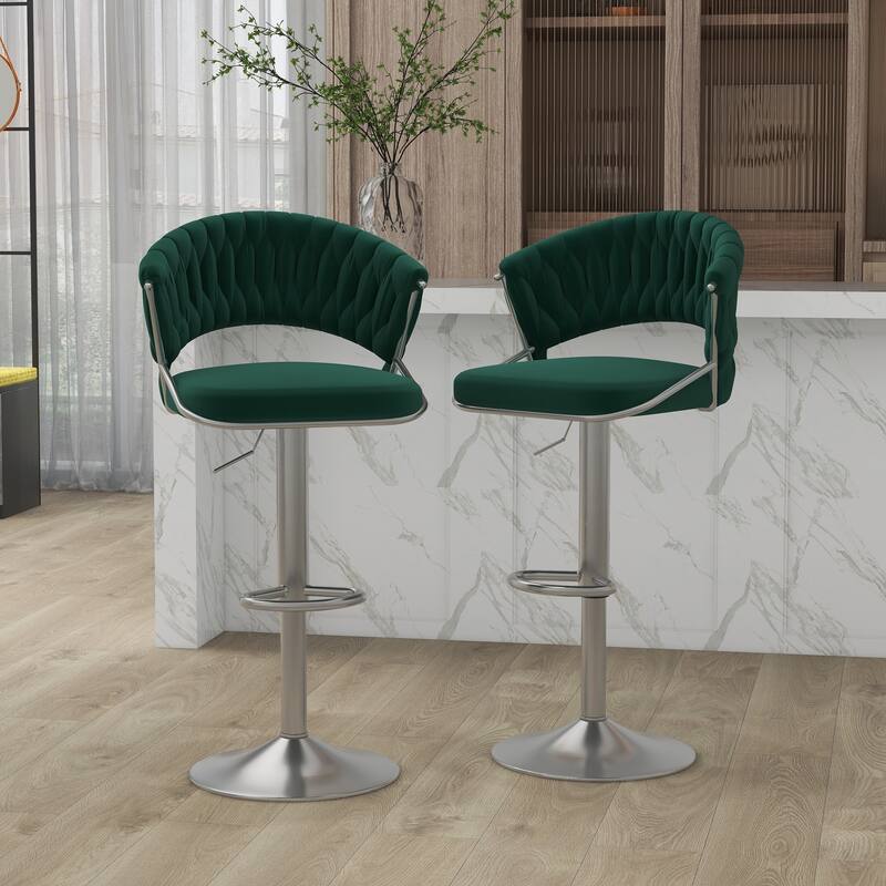 Set of 2 Bar Stool Adjustable Height with Swivel Seat - SLIVER-DARK GREEN