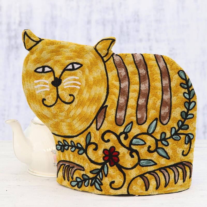 Handmade Delightful Cat In Yellow Wool Tea Cozy (India) - 11.5" L x 13" W
