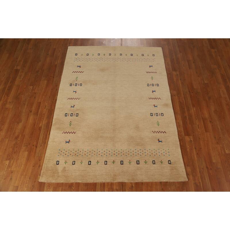 Tribal Gold Gabbeh Oriental Area Rug Hand-Knotted Modern Wool Carpet - 4'8" x 6'6"