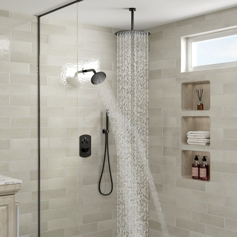 Pressure Balanced 3-Spray Patterns 2.5 GPM 12 in. Dual Shower Head Ceiling Mount Fixed and Handheld Shower Head - 12" x 12"