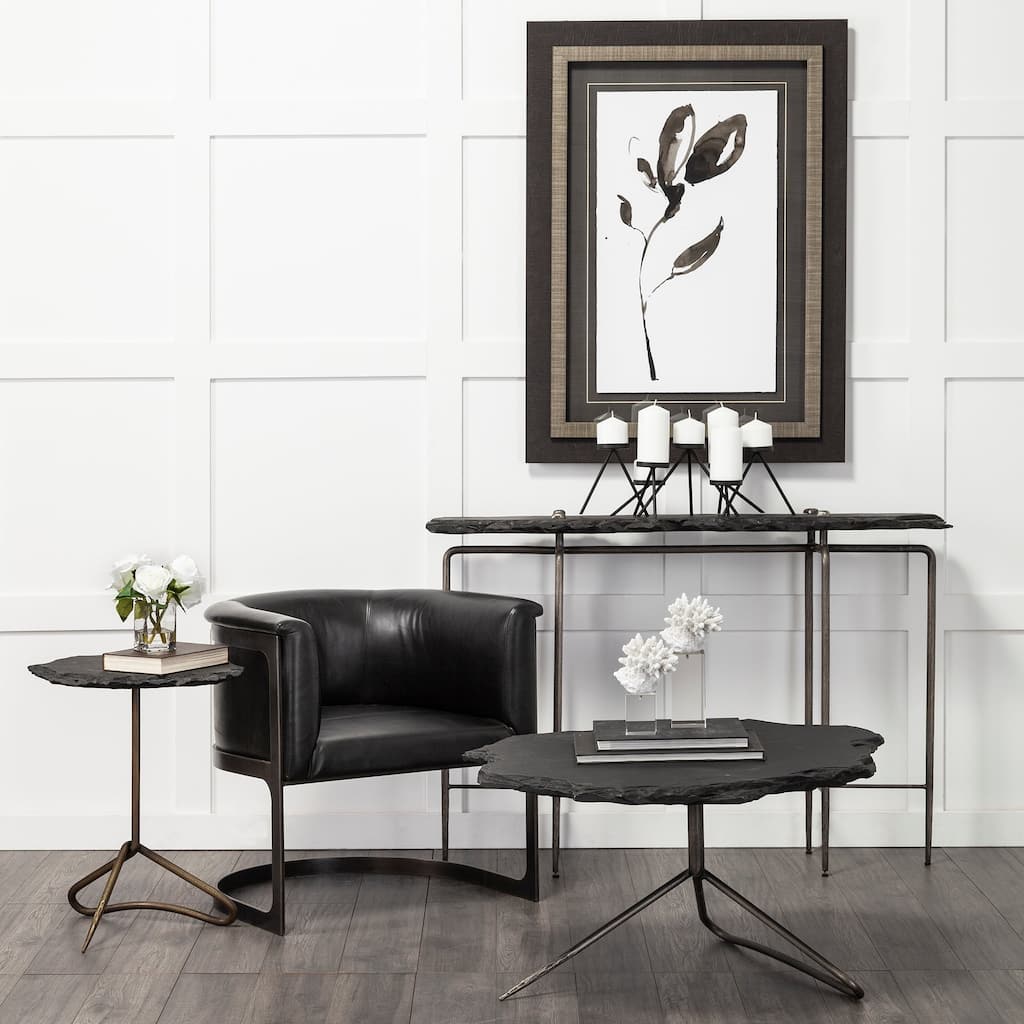 Pinera II Black Slate w/ Silver Iron Base Accent Table