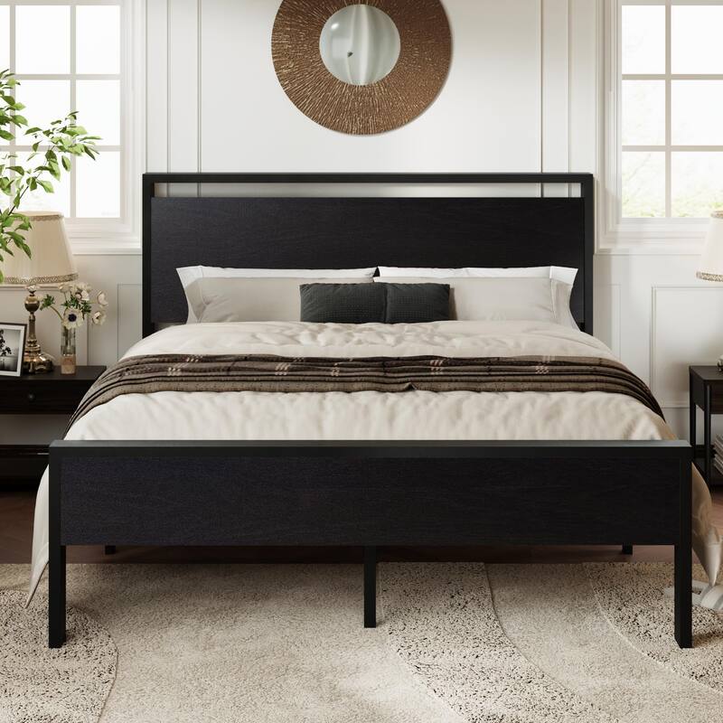 Full Platform Bed Frame with Headboard & Footboard, Heavy Duty Metal Slats Support, No Box Spring Needed, Under Bed Storage - Black Oak