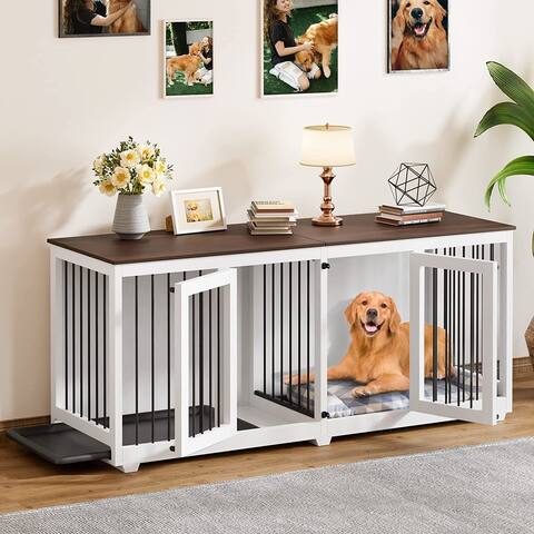 70.9" Dog Crate Furniture, Wooden Dog Kennel with Tray and Divider