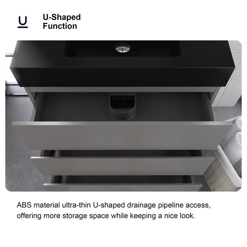 Freestanding Bathroom Vanity with Black Solid Surface Top