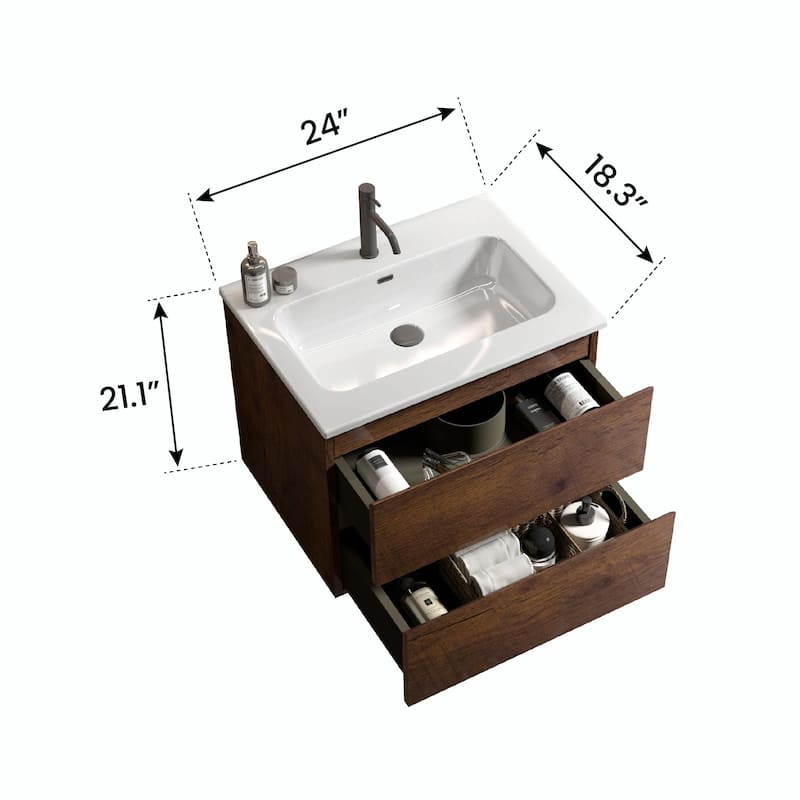 Wall-Mount 24" Bathroom Vanity with Ceramic Sink - One Faucet Hole