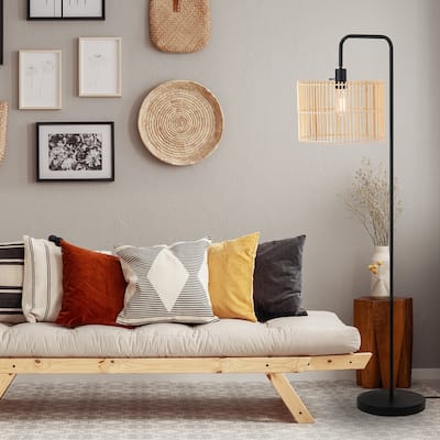 Barden 58" Matte Black Floor Lamp with Bamboo Shade - one size