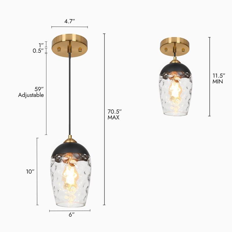 Modern Contemporary 1-Light Black and Gold Hammered Glass Pendant Light Fixtures for Kitchen Island