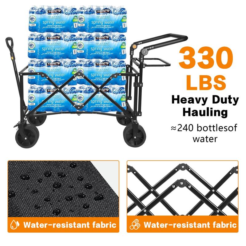 Folding Utility Wagon with Canopy, 220lb Capacity, Adjustable Handles, Thick Wheels with Brakes, Heavy Duty