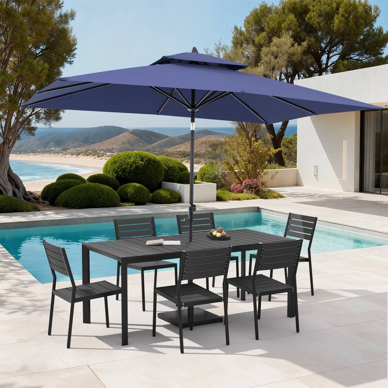 Set of 9 Outdoor Patio Dining Set WoodLike Aluminum Umbrella Hole Table with Stackable Chairs, Market Umbrella Set - BlackTable&BlackChairs&NavyBlueUmbrella