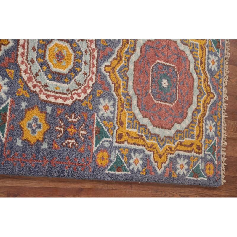 Geometric Blue Kazak Runner Rug Hand-Knotted Wool Carpet - 2'7"x 7'11"