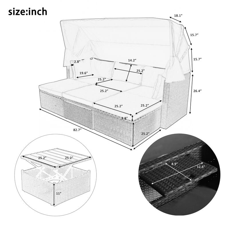 U-Style Outdoor Patio Rectangle Daybed with Retractable Canopy, Wicker Furniture Sectional Seating for Backyard, Porch