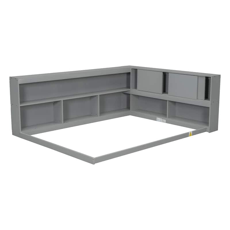 Full Floor Bed With L-Shaped Bookcases,Sliding Doors,Without Slats
