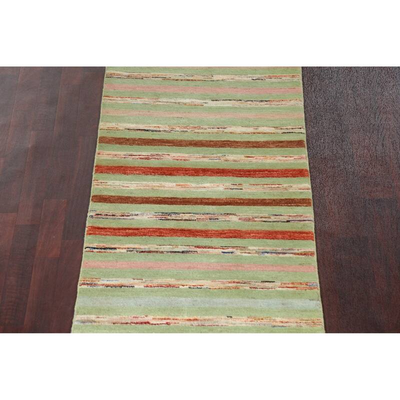 Green Striped Gabbeh Kashkoli Oriental Wool Runner Rug Hand-knotted - 2'8" x 17'9"