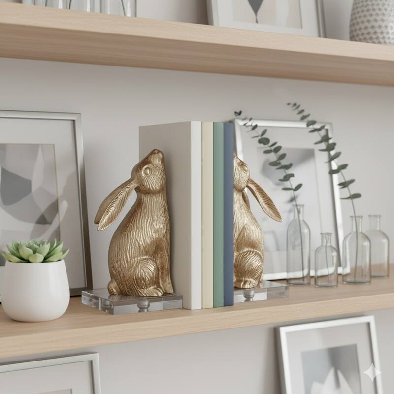 Metal Bookends Bunny Figurine Metallic Finish (Set of 2) - 9" Gold - 8.5"