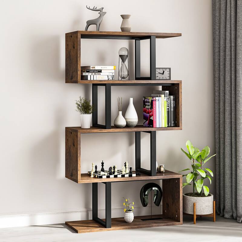 Moasis Modern Corner Shelf Bookcase Bookshelf with Unique S Shaped for Living Room and Home Office - Brown