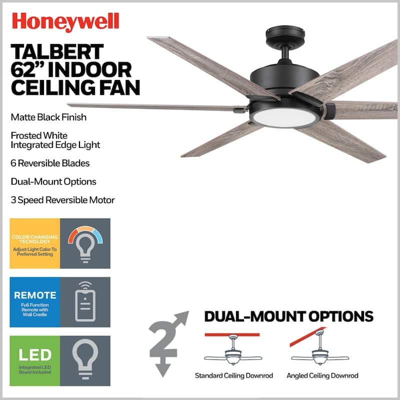 62" Honeywell Talbert Ceiling Fan with Color Changing LED Light, Remote Control, Dual Mounting Options, Dual Finish Blades
