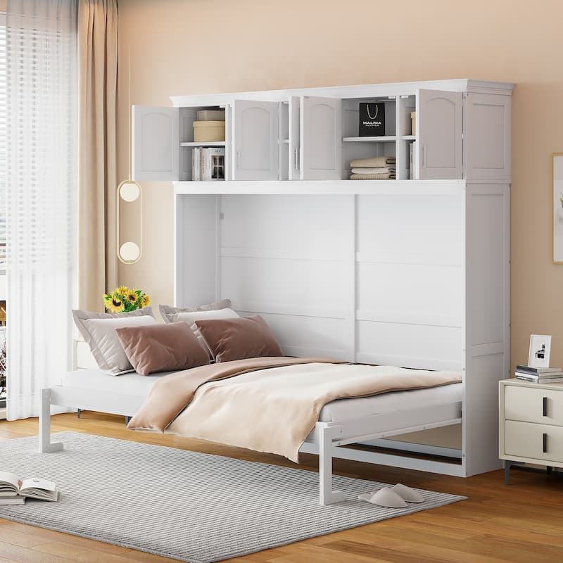 White Solid Wood Murphy Bed Chest with Top Cabinets, Storage Wall Platform Bed with Wood Slat Support/Space Saving, Queen - White - Queen