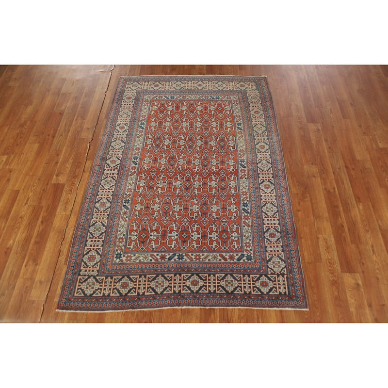 Hand Knotted Oriental 100% Wool Carpet Traditional Geometric Oranges & Rust Kazak Area Rug - 5' 4'' X 3' 8''