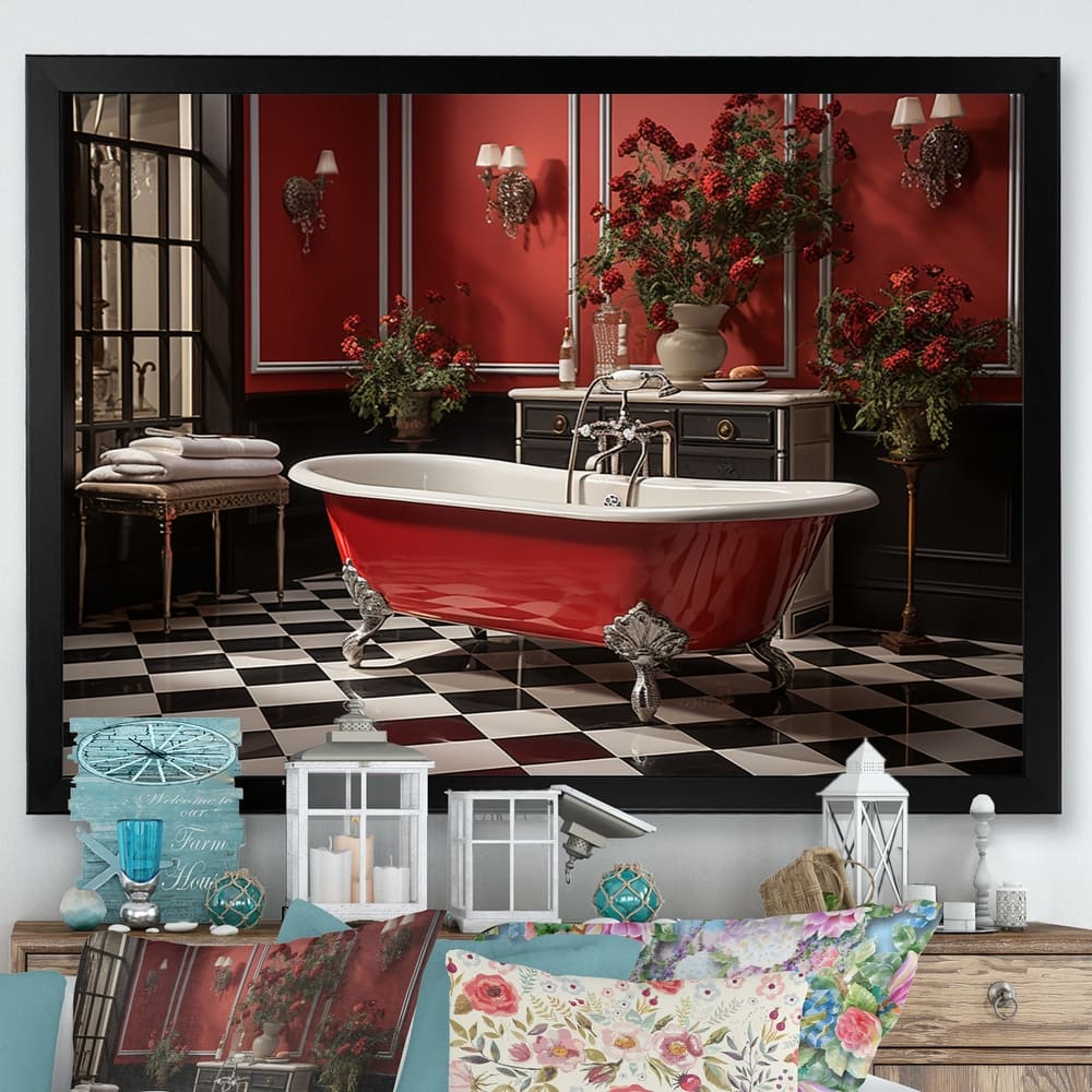 Designart "Red Modern Bathroom Charm IV" Bath & Laundry Framed Wall Art Prints